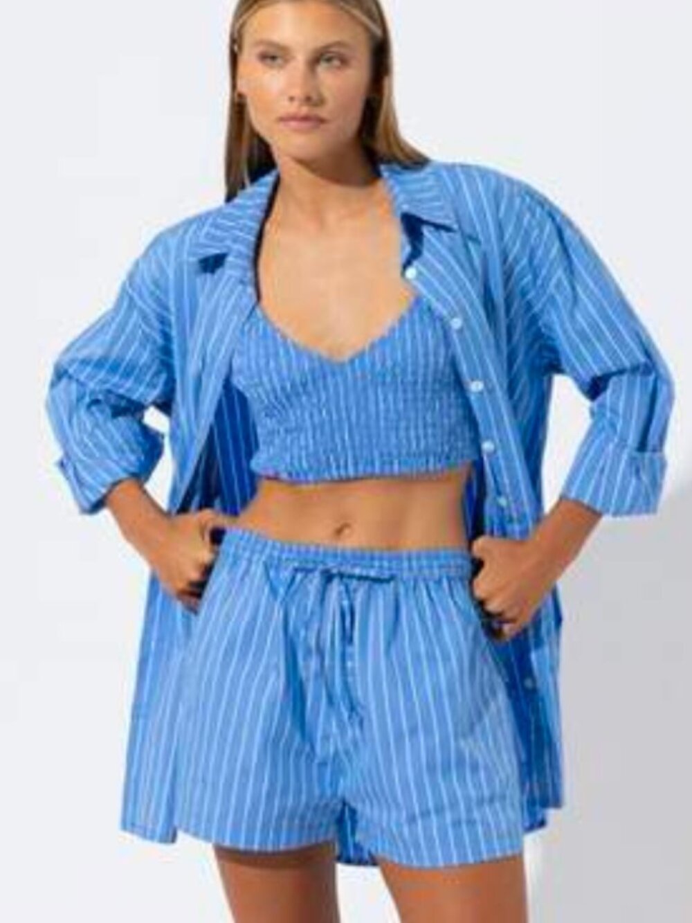 Lusana Cotton Poplin Blue and white striped short, button down and bralette set